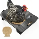 Hen using a rollaway chicken nesting box with comfortable jute/hemp fiber pad, demonstrating automatic egg collection feature