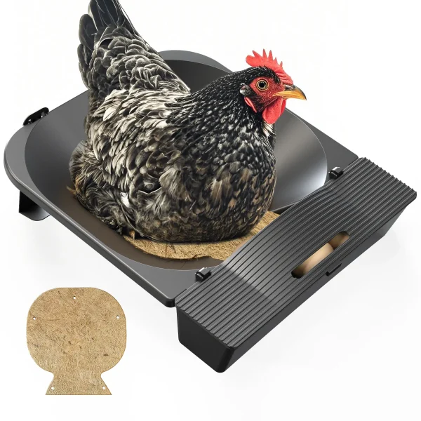 Hen using a rollaway chicken nesting box with comfortable jute/hemp fiber pad, demonstrating automatic egg collection feature