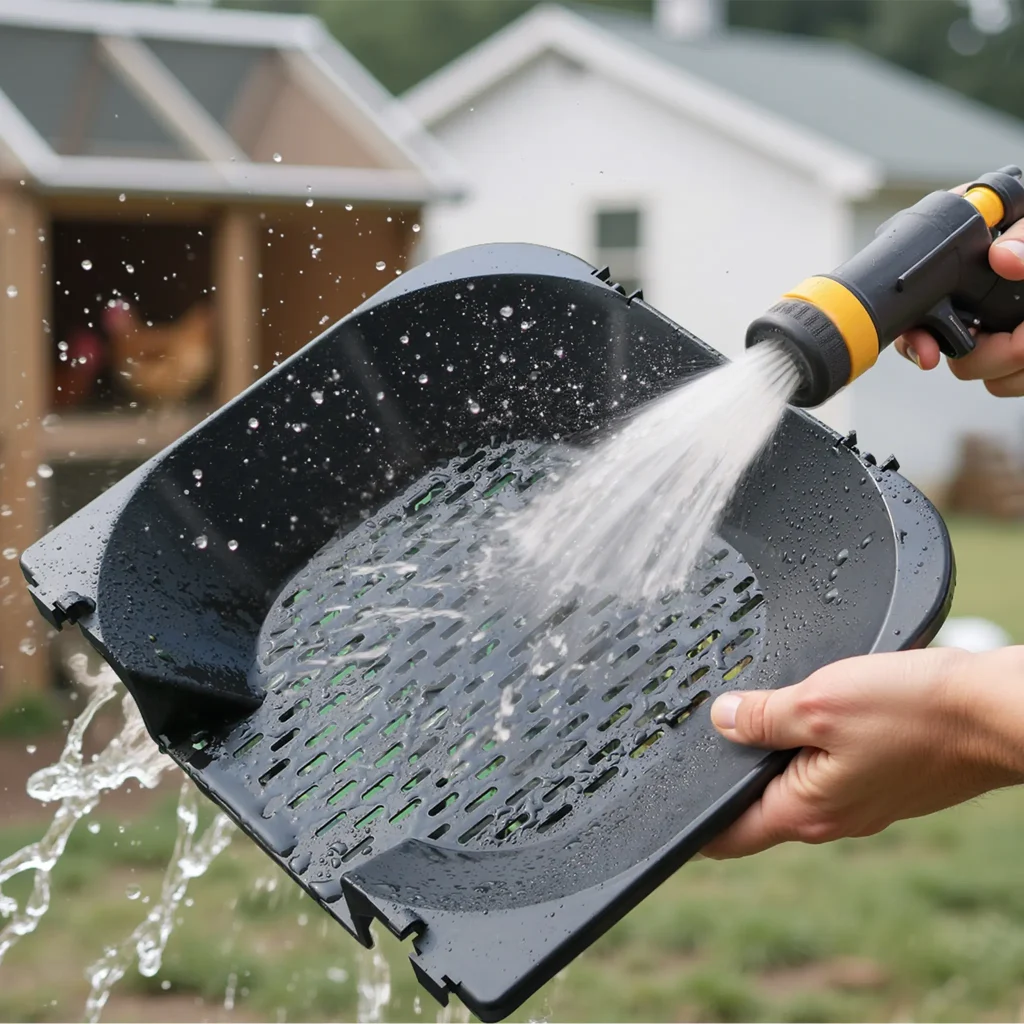 Rinsing an easy-to-clean, washable roll-away chicken nesting box insert with a hose, highlighting coop hygiene.