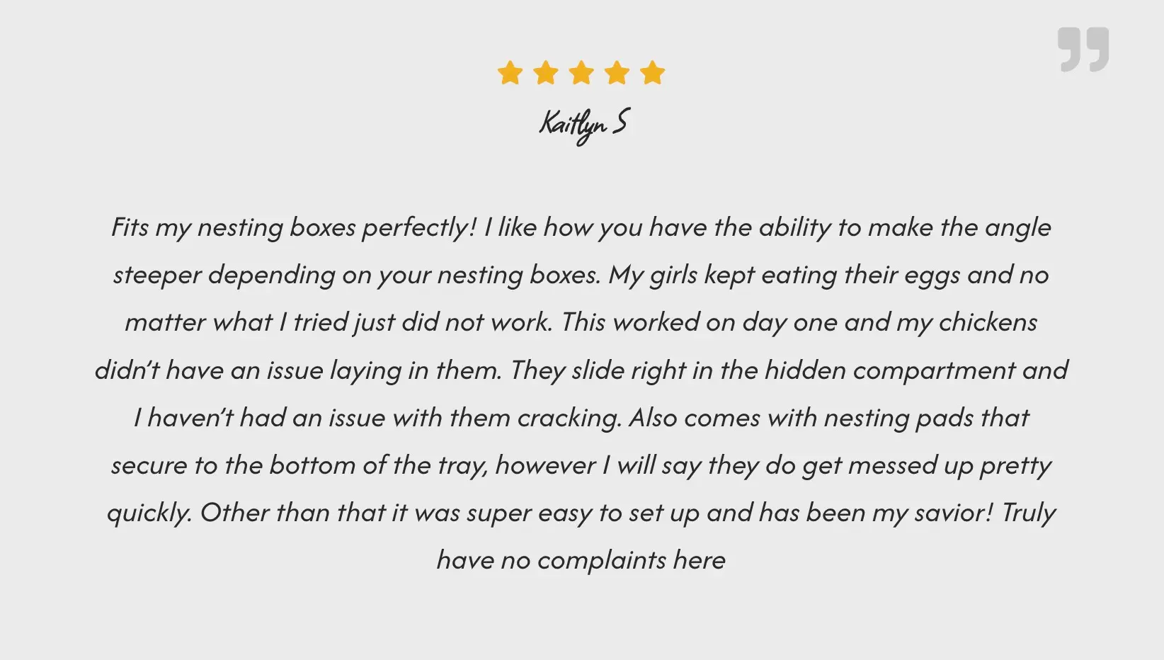 Five-star customer review screenshot from Kaitlynn S. about the Difsight nesting box.