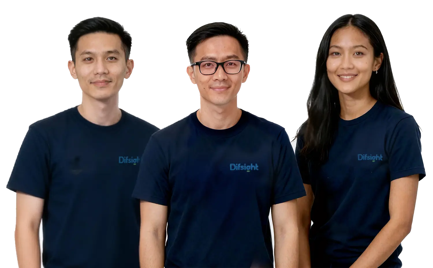 Difsight Leadership Team photo featuring Founder & CEO Ethan Chan, Visual Designer Chloe, and Product Designer Noah.