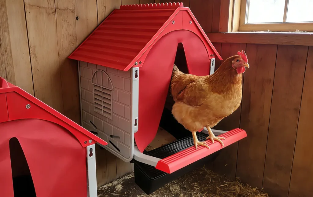 A hen standing on the landing perch of the Difsight cottage-style nest house