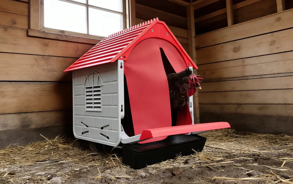 A hen standing on the landing perch of the Difsight cottage-style nest house before entering to lay eggs