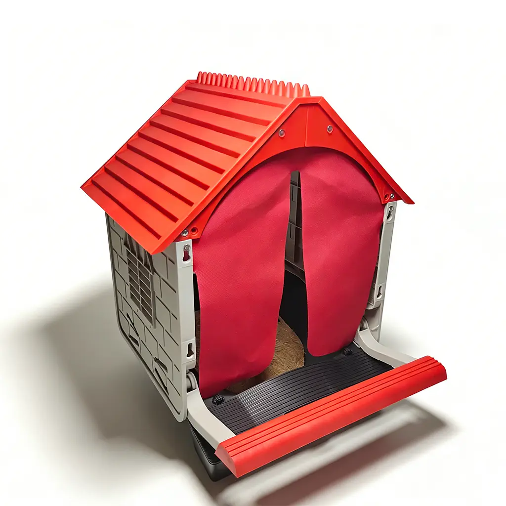 Difsight A-frame cottage-style chicken nesting house with a red pitched roof and white brick-textured walls